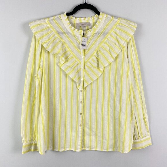 LOFT Dobby Stripe Ruffle Blouse Size Large Yellow Stripe Button Up Cotton - Picture 1 of 10